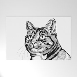 Beautiful Tabby Cat Line Drawing, Black and White Portrait of a Striped Kitty Welcome Mat