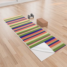 [ Thumbnail: Pale Goldenrod, Green, Dark Blue & Red Colored Stripes/Lines Pattern Yoga Towel ]