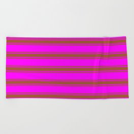 [ Thumbnail: Fuchsia and Sienna Colored Striped/Lined Pattern Beach Towel ]