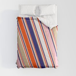 [ Thumbnail: Colorful Red, White, Tan, Midnight Blue, and Pink Colored Lines/Stripes Pattern Comforter ]