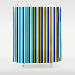 [ Thumbnail: Deep Sky Blue, Dark Goldenrod, Turquoise & Dark Blue Colored Striped/Lined Pattern Shower Curtain ]