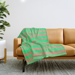 [ Thumbnail: Green and Dark Salmon Colored Lined Pattern Throw Blanket ]
