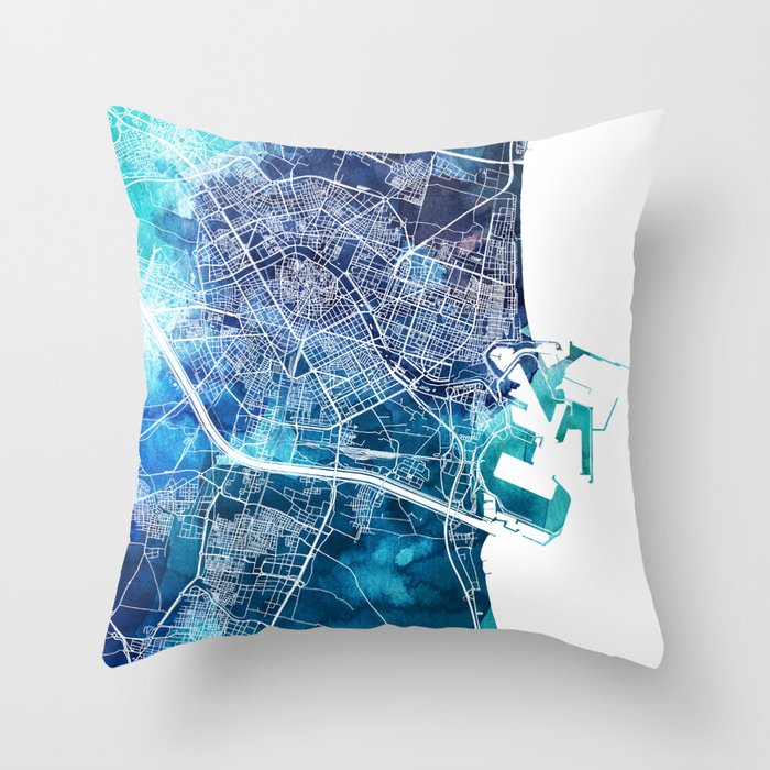 Valencia Spain Map Navy Blue Turquoise Watercolor Throw Pillow