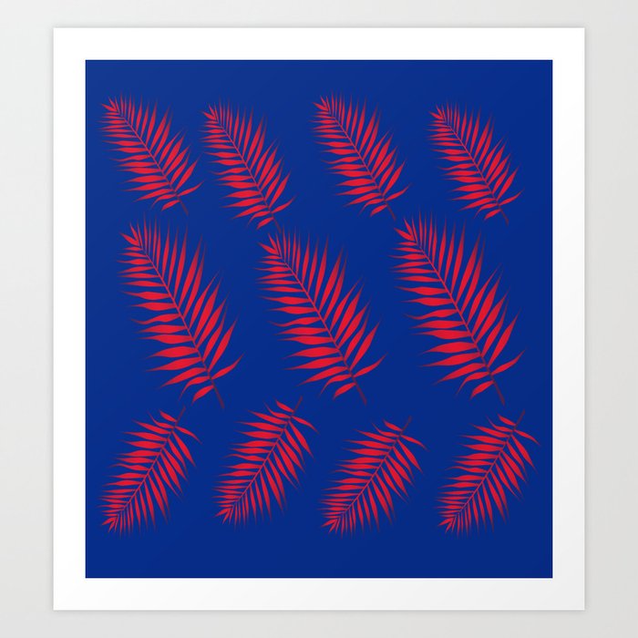 Red Palm Leaves with Blue Background  Art Print
