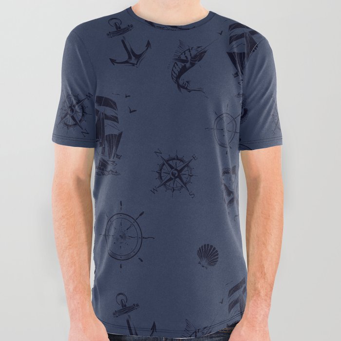Navy Blue And Blue Silhouettes Of Vintage Nautical Pattern All Over Graphic Tee