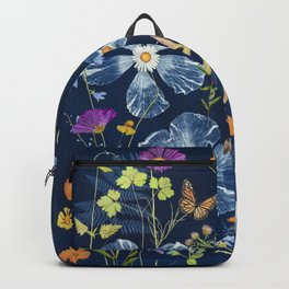 Cyanotype Painting (Hibiscus, Daisies, Cosmos, Ferns, Monarch) Backpack