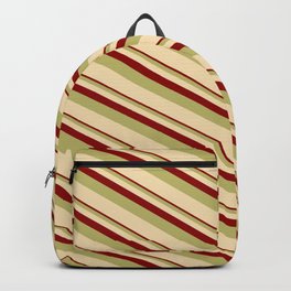 [ Thumbnail: Dark Red, Dark Khaki & Tan Colored Stripes Pattern Backpack ]