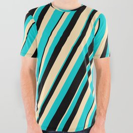[ Thumbnail: Beige, Dark Turquoise & Black Colored Lines/Stripes Pattern All Over Graphic Tee ]