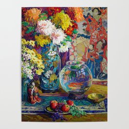 Gold Fish bowl, Fruits, Flowers, and Peonies still life portrait painting by Kathryn Evelyn Cherry Poster