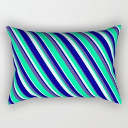 [ Thumbnail: Green, Light Cyan, Blue & Dark Slate Blue Colored Lines/Stripes Pattern Rectangular Pillow ]