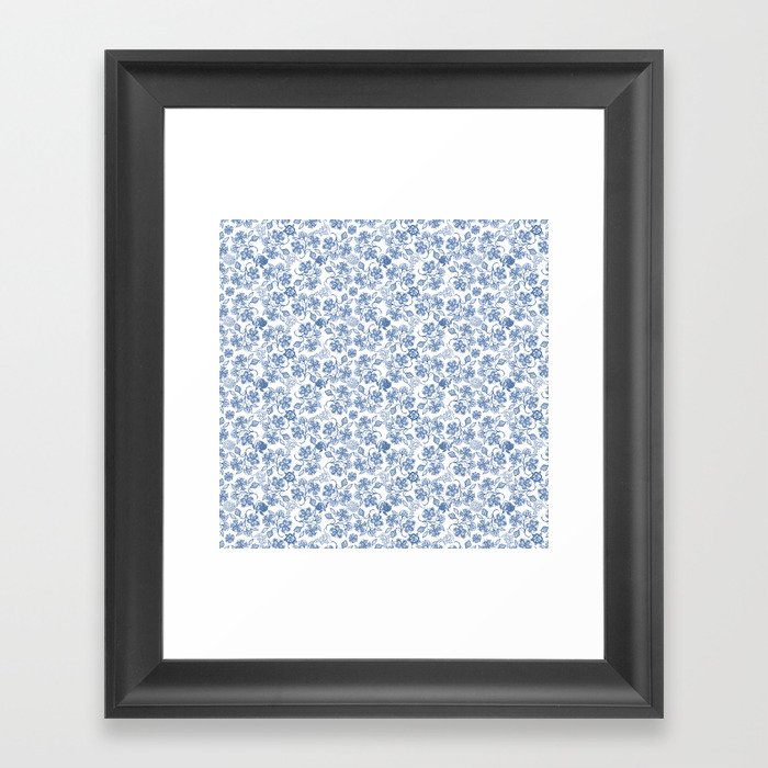 Pretty Indigo Blue and White Ethnic Floral Print Framed Art Print