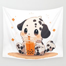 A long-haired dalmatian puppy drinking bubble tea Wall Tapestry