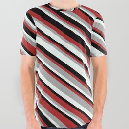 [ Thumbnail: Red, Dark Grey, Mint Cream, and Black Colored Pattern of Stripes All Over Graphic Tee ]