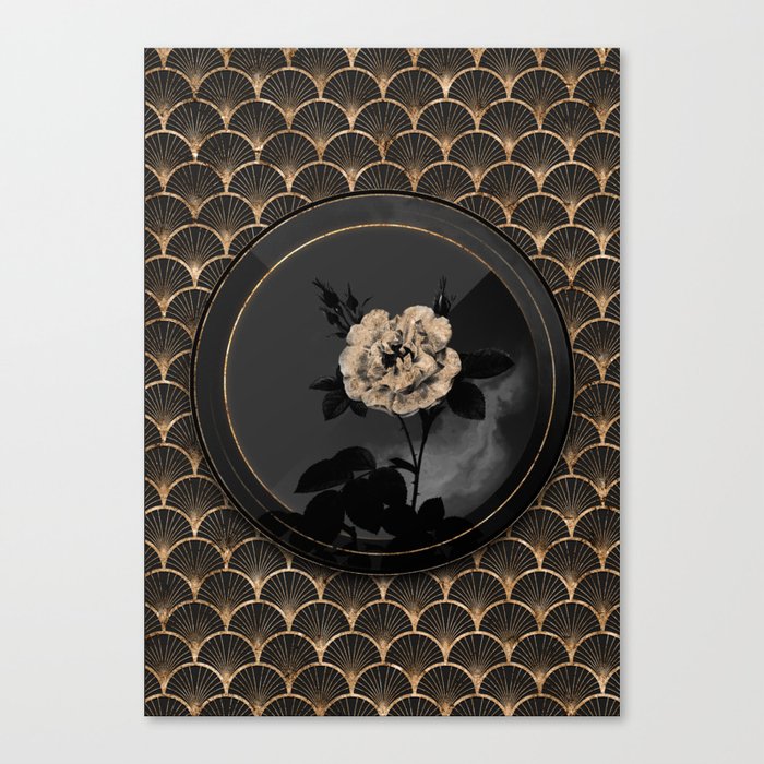 Shadowy Black White Rose Botanical Art with Gold Art Deco Canvas Print