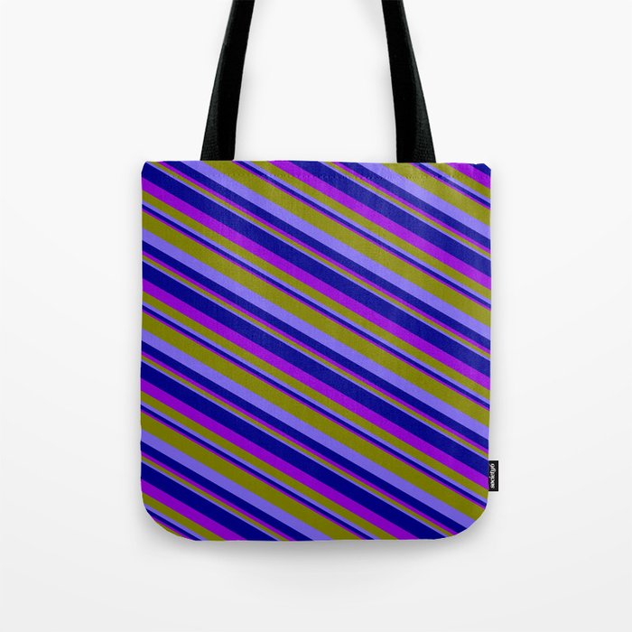 Green, Medium Slate Blue, Dark Blue, and Dark Violet Colored Pattern of Stripes Tote Bag