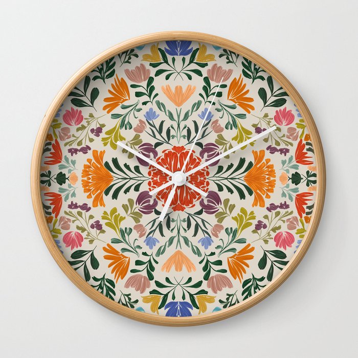 Florals from Mexico Wall Clock | Painting, Pattern, Mexico, Mexican, Ethnic, Latin, Mexican-pattern, Orange-flowers, Flower-power, Botanical-pattern