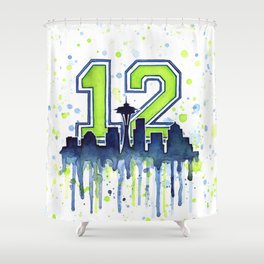 Seattle 12th Man Art Skyline Watercolor Shower Curtain