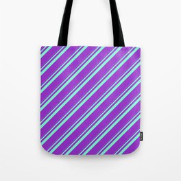 [ Thumbnail: Aquamarine & Dark Orchid Colored Striped/Lined Pattern Tote Bag ]