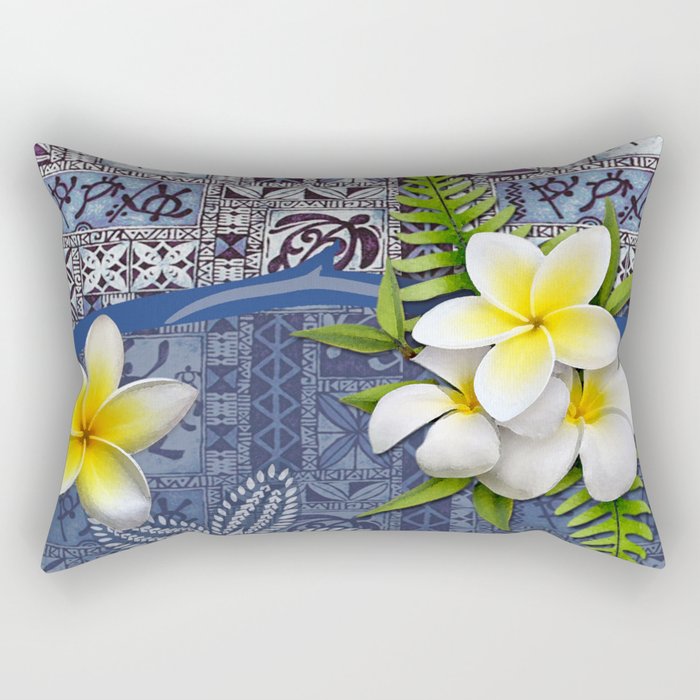 Blue Hawaiian Tapa and Plumeria Rectangular Pillow