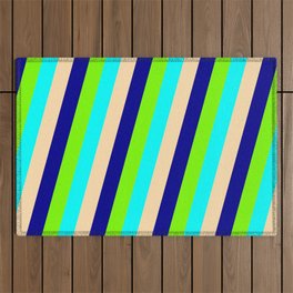 [ Thumbnail: Green, Cyan, Tan & Dark Blue Colored Stripes Pattern Outdoor Rug ]