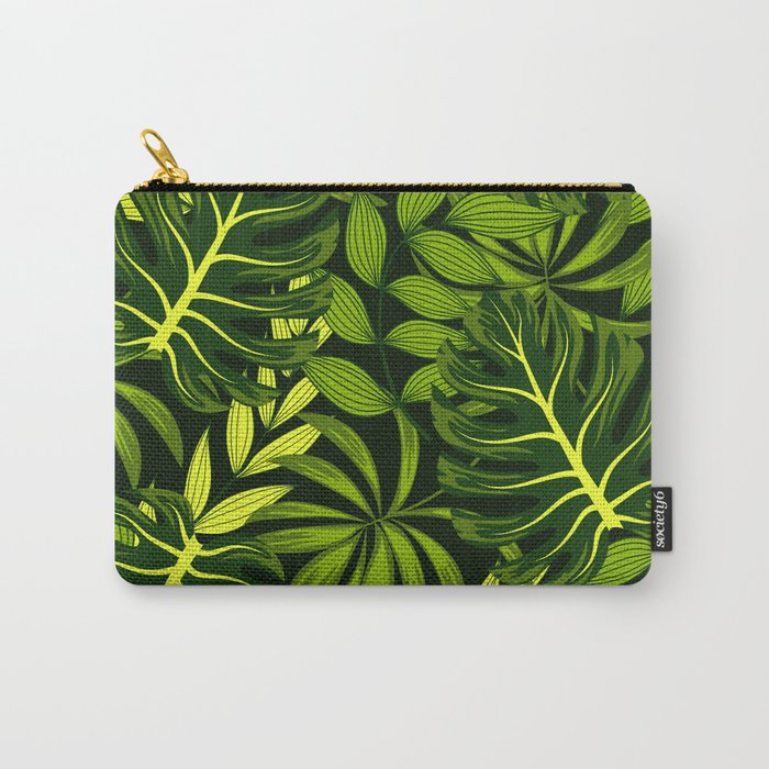 Summer seamless tropical pattern with bright leaves and plants on a dark background. Beautiful print with hand drawn exotic plants. Seamless pattern with colorful leaves and plants. Carry-All Pouch
