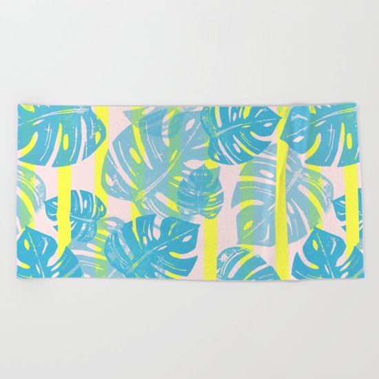 Linocut Monstera Neon Beach Towel