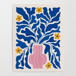 Summer Bloom: Electric Blue Leaves & Golden Poppies Poster