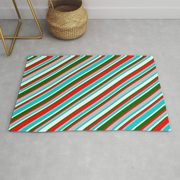 Vibrant Red, Grey, Dark Turquoise, Mint Cream, and Dark Green Colored Striped/Lined Pattern Rug