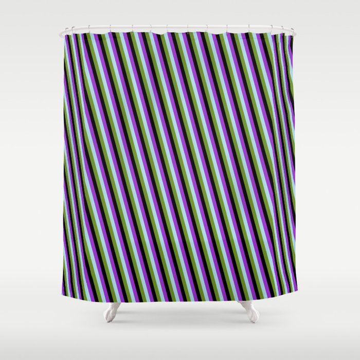 Dark Orchid, Light Blue, Green, and Black Colored Lines Pattern Shower Curtain