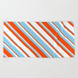 [ Thumbnail: Sky Blue, Red & White Colored Stripes/Lines Pattern Beach Towel ]