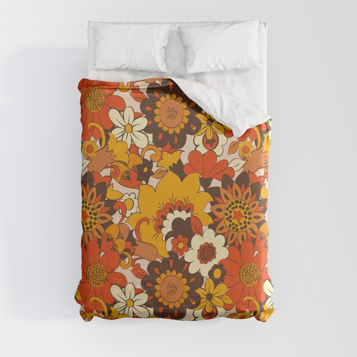 Retro 70s Flower Power, Floral, Orange Brown Yellow Psychedelic Pattern Duvet Cover