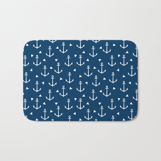 Anchors and triangles minimal navy and white trendy sailing pattern sailor print Bath Mat