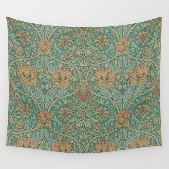 William Morris Vintage Honeysuckle & Tulip Green Emerald Russet Floral Wall Tapestry