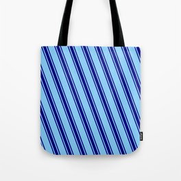 [ Thumbnail: Light Sky Blue & Blue Colored Stripes/Lines Pattern Tote Bag ]