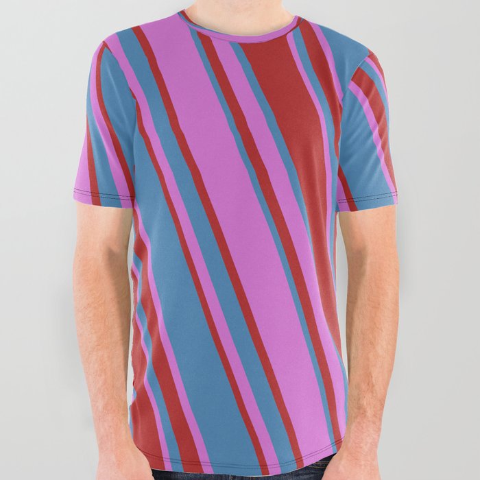 Orchid, Red & Blue Colored Lined/Striped Pattern All Over Graphic Tee