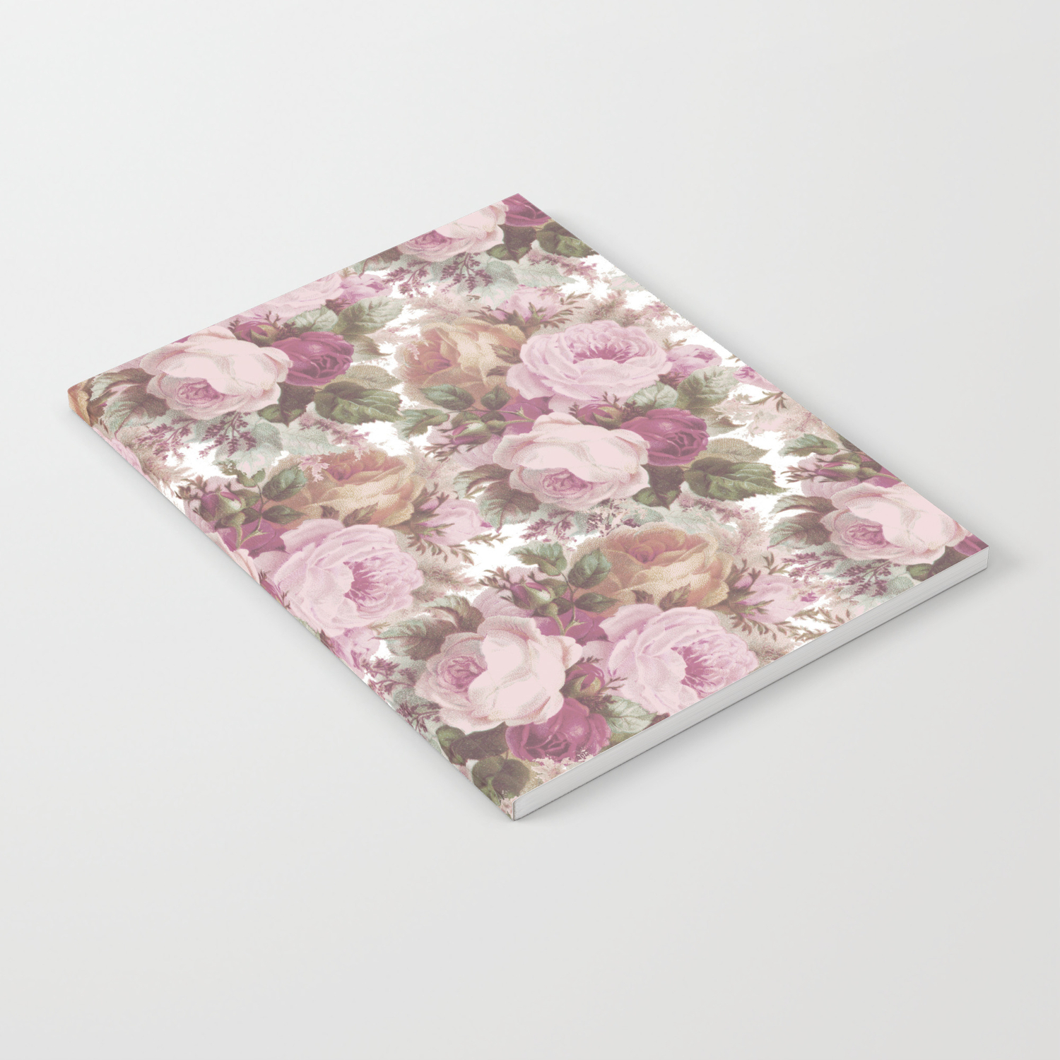 Vintage Blush Pink Burgundy Roses Floral Painting Notebook By