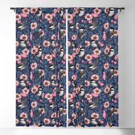 Chickadeed in the wild rose in pink and blue Blackout Curtain