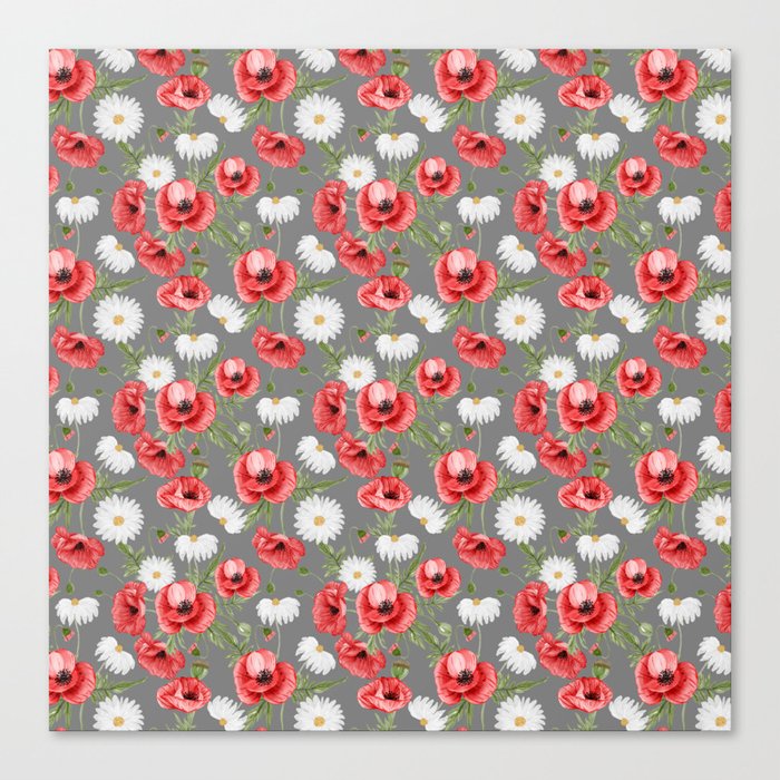 Daisy and Poppy Seamless Pattern on Grey Background Canvas Print