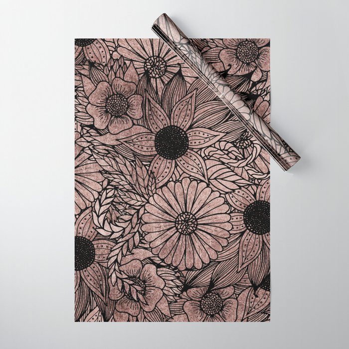 Floral Rose Gold Flowers and Leaves Drawing Black Wrapping Paper