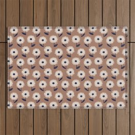 Oil Hand-painted Abstract Flowers, Natural Neutral Organic Floral Pattern, Tan, White, Navy Color Outdoor Rug