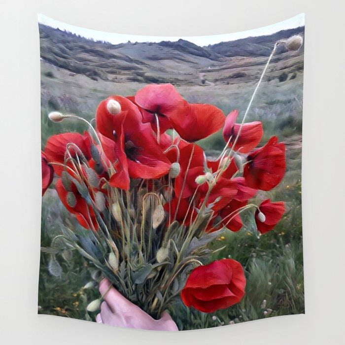Surreal red poppy bouquet in woman hand remembrance flowers Wall Tapestry