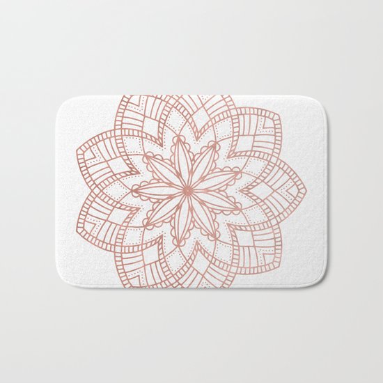 Mandala Posy Flower Rose Gold on White Bath Mat