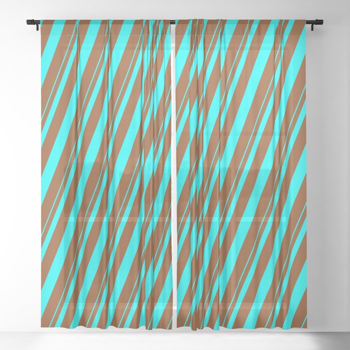 Aqua and Brown Colored Lined/Striped Pattern Sheer Curtain