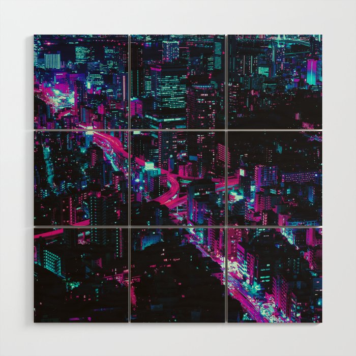 Cyberpunk Vaporwave City Wood Wall Art