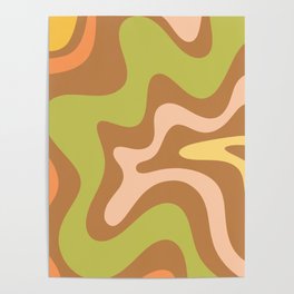 Retro Liquid Swirl Abstract Pattern Square in Light Brown Green Yellow Orange Blush Poster