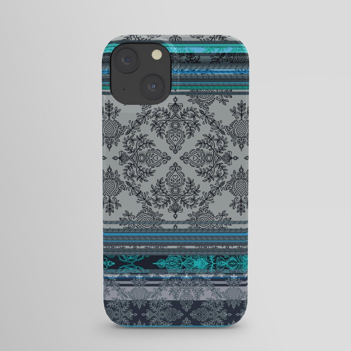 Teal, Aqua & Grey Vintage Bohemian Wallpaper Stripes iPhone Case by micklyn  | Society6