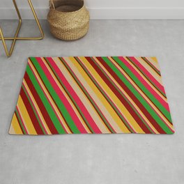 [ Thumbnail: Colorful Goldenrod, Tan, Crimson, Forest Green & Maroon Colored Striped/Lined Pattern Rug ]