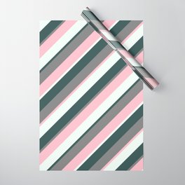 [ Thumbnail: Mint Cream, Dark Slate Gray, Grey, and Pink Colored Pattern of Stripes Wrapping Paper ]