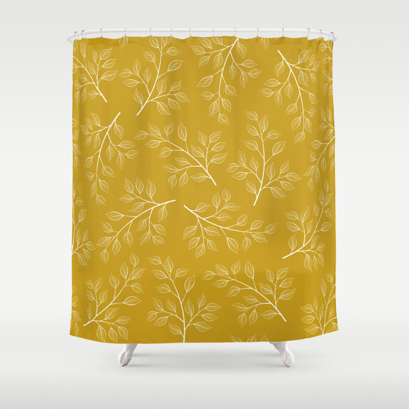 White Branch And Leaves On Mustard Yellow Shower Curtain By