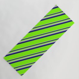 [ Thumbnail: Grey, Midnight Blue, and Green Colored Lined/Striped Pattern Yoga Mat ]